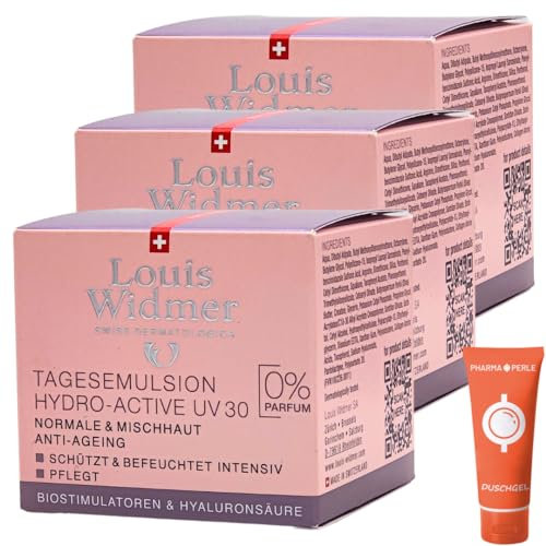 Louis Widmer hydraderm Tagesemulsion UV30 unparfümiert 3x 50 ml I für normale & Mischhaut I Anti-Ageing Tagespflege I Feuchtigkeit I Lichtschutzfaktor 30 I Spar-Set plus Pharma Perle give-away