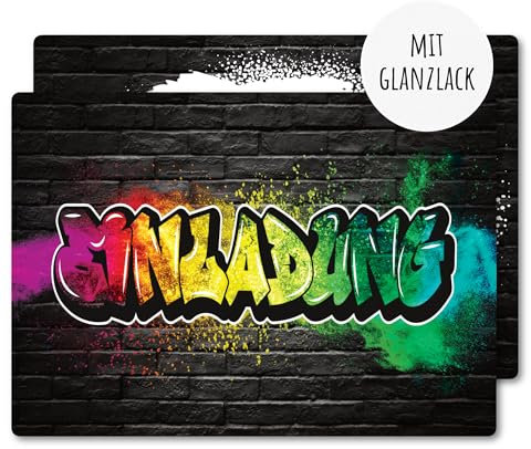 møij 12x EINLADUNGSKARTEN für Jungen & Mädchen Kindergeburtstag - coole Karten mit Graffiti Motiv & partiellem Hochglanzlack
