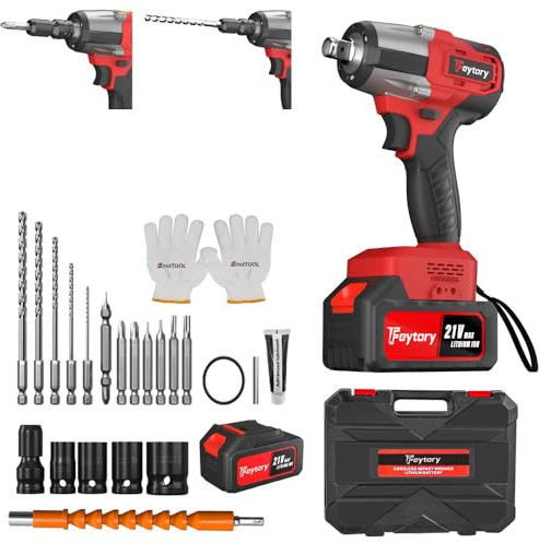 Cordless Impact Wrench Brushless Impact Gun 1/2 inch Max Torque 550N.m Impact Wrench Gun Power Electric Wrench with 6.0Ah Lithium Battery and Charger, 4 Impact Sockets, 12 Screwdriver Bits, Tool Case