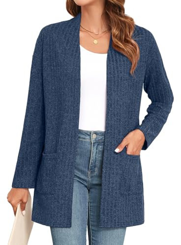 IWOLLENCE Cardigans for Women UK Long Sleeve Lightweight Cardigans Open Front Ribbed Knit Outerwear Cardigan Jumper with Pocket (Blue, XL)