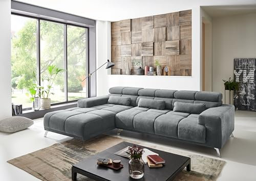 möbelando Wohnlandschaft >Starlett< in grau, Ottomane Links, elektrische Sitztiefenverstellung, Metallfüße Chrom, Nosagunterfederung, Bonellfederkern, inkl. 3 Zierkissen, 285x79-99x201 cm (BxHxT)