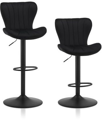 TUKAILAI Barhocker 2er Set Samt, Barstuhl Höhenverstellbar，360°Drehbar, Hocker mit lehne,fußstütze,metallrahmen, Moderner Schalenform Küchenhocker Tresenhocker für Küche Bars, Schwarz