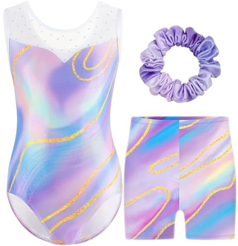 Boteria Gymnastics Leotards for Girls with Shorts Set, Long Sleeve/Sleeveless Dance Leotard Sparkle Dancewear for Kids 5-12 Years