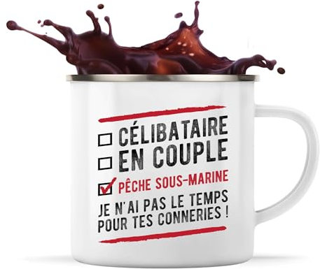 Tasse Métal Célibataire, En Couple, Pêche Sous Marine | 360 ml Mug Émaillé Métallique | Idée Cadeau Sous-Marin Poisson Sport Humour Original Anniversaire