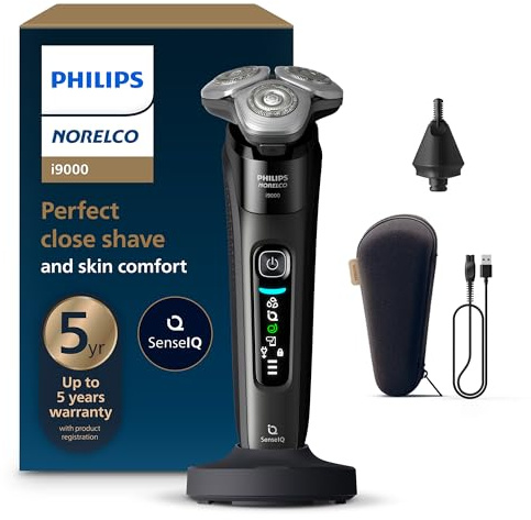 Philips Norelco Shaver i9000, Wet & Dry Electric Shaver, Ink Black, SenseIQ Technology, Triple Lift & Cut System, 360 Rotating Dual SteelPrecision Precision Blades, Nose Trimmer, Model X9000/90