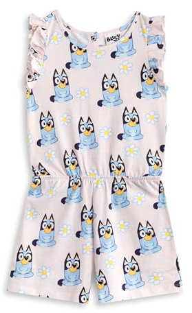 BlueY Hellrosa ärmelloser Spielanzug für Mädchen | Geblümtes Rundhals-Outfit mit Rüschendetails und Taschen | Lässige Sommerkleidung Bingo Charakterdesign | Bequeme Kinderkleidung