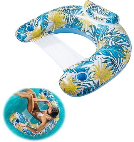 Efymosce Bouee Piscine, 4 in 1 Matelas Gonflable Piscine, Portable Hamac d'eau Gonflable, Fauteuil Gonflable de Piscine, Manuelle Jouets de Piscine pour Plage Partie Vacances (S-Jaune)