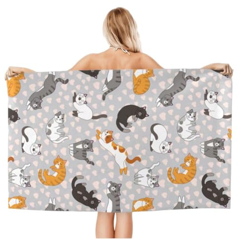 CAIRF Bunte Cartoon Katze Muster Strandhandtuch,Leicht Schnelltrocknend Mikrofaser Sommer Strandtücher,Niedliche Katze Tier Druck Badetuch Handtuch für Katzenliebhaber,Reise Schwimmen Stranddecke A