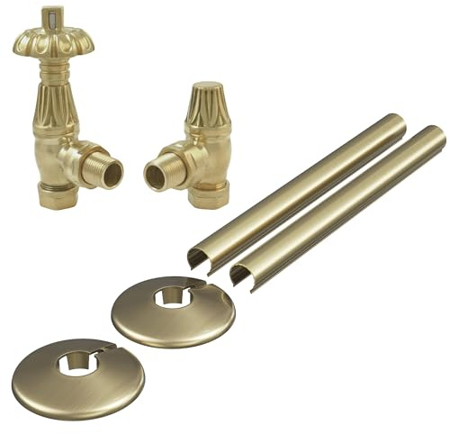 Thermostatic Westminster Radiator Valve 1/2 x 15mm Angled Brushed Brass with Clip-on Pipe Covers and Collars