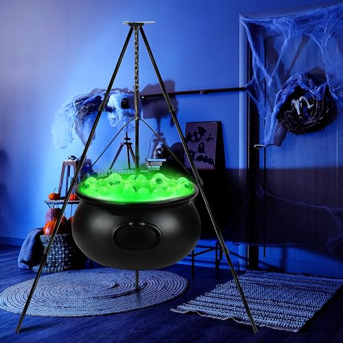Halloween Decorations Set, 12.6 Inches Plastic Witch Cauldron on Tripod with Eyeball String Lights, Black Plastic Witches Bowl Candy Bucket for Halloween Indoor Outdoor Party Decor