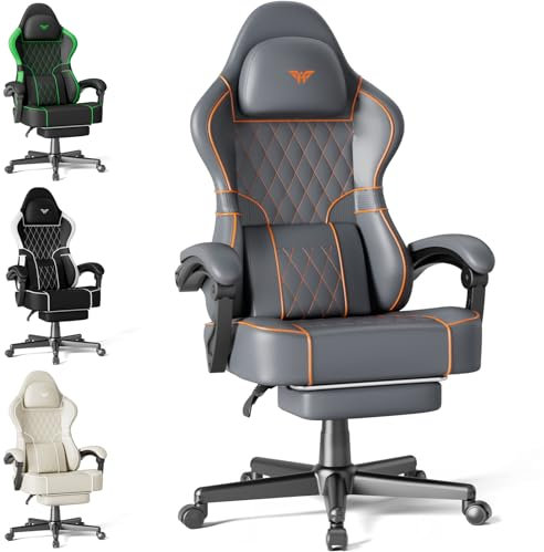 Soontrans Silla para videojuegos con masaje con soporte lumbar, silla acolchada para gaming, ergonómica, con reposapiés, piel sintética, respaldo ajustable de 90 a 160°, 136 kg (gris)