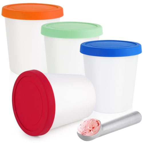 Lot de 4 bacs à crème glacée avec couvercles et cuillère - Conteneurs de congélation de 1 litre pour desserts glacés faits maison