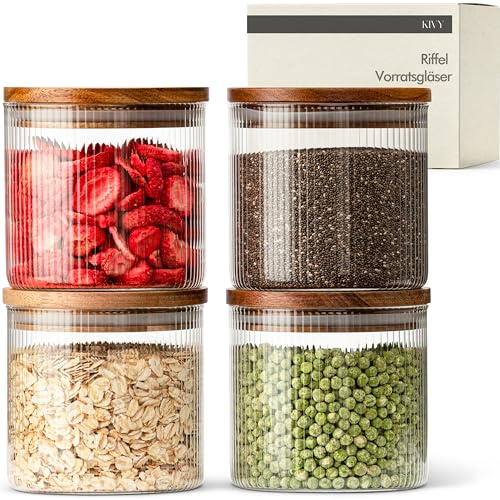 KIVY Riffel Vorratsgläser mit Deckel - 4x 600ml - Luftdicht - BPA-Frei | Kleine Vorratsdosen mit Akaziendeckel - Vorratsdosen Glas mit Deckel - Vorratsgläser Holzdeckel- Aufbewahrungsgläser Akazie