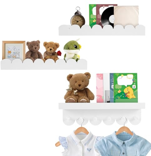 Kuanght 3 Pcs Floating Nursery Book Shelves with Hooks, 40cm Scalloped Wall Book Shelves for Bedroom Bathroom, Wall Mounted Hanging Organizer for Books Plants Toys and Photo Frames(White)
