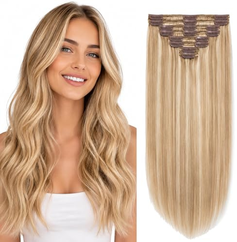 Elailite Real Hair Extensions Clip in Human Hair Double Weft Thick Remy - 8 Pieces Full Head Straight (#12/613 Golden Brown Mix Bleach Blonde, 22 Inch-160g)