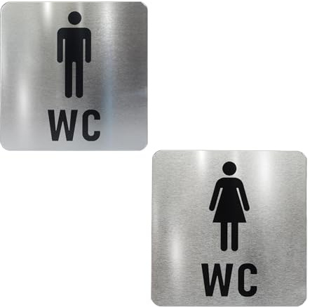 2 placas autoadhesivas para inodoro, 12 x 12 cm, impermeable y resistente al sol, de acero inoxidable, para hombre y mujer, color plateado, moderno cartel decorativo para baños públicos, inodoro de