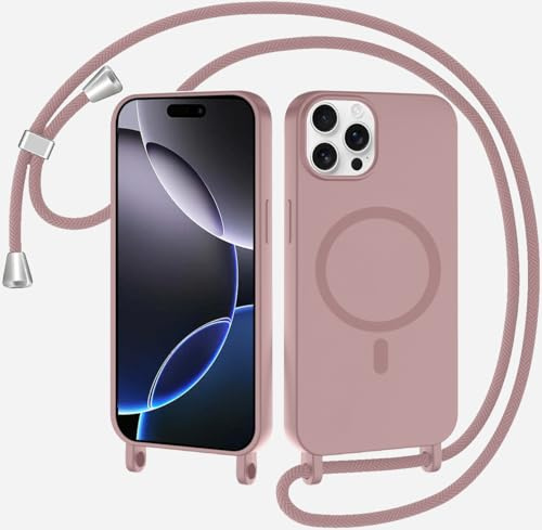 SLWYF Funda Magnética para iPhone 14 Pro MAX con Cuerda, Compatible con Magsafe, Suave Silicona Case con Correa Colgante Ajustable Collar Correa de Cuello Cadena Cordón, Rosa Arena