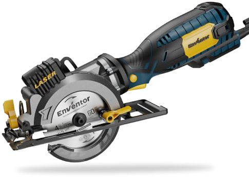 Enventor Mini Kreissäge mit Laserführung, 705W, Schnitttiefe 42 mm | Mini Handkreissäge, 3500RPM, 6 Sägeblätter(Ø 115mm), Doppelter Sicherheitsschalter, Ideal für Holz, Weichmetall