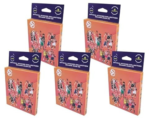EuroLeague Basketball 2025/26 Sticker – Bundle 5× ECO Blister, je 6 Tüten à 5 (150 Sticker) – Zufällige Motive, keine komplette Kollektion