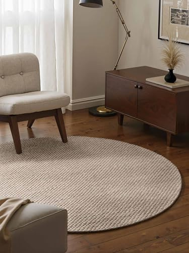 Elle Decoration Lyon - Wollteppich Beans Rund, Natürlich & Handgemacht, Wohnzimmerteppich Wolle im Skandi Loop Design, Einfarbiger Naturteppich mit Perlenstruktur - Natur Beige, Ø 200 cm