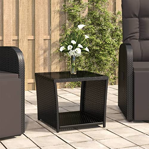 VIHHQGC Beistelltisch mit Glasplatte Schwarz Poly Rattan & Hartglas für Garten und Terrasse, Wetterfester Teetisch aus Stahlrahmen und PE-Rattan, Praktischer Beistelltisch
