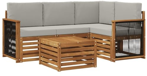 vidaXL Outdoor-Sofagarnitur 5 pcs Natürlich und Hellgrau, Moderner Garten-Sofaset, Coole Terrassenmöbel, zeitgemäße Lounge, modulares Design, Akazien-Elemente