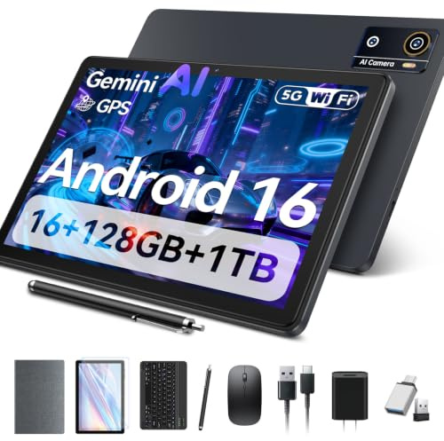 Tablet 10 Zoll Android 16 Octa-Core Tablet 16GB RAM + 128GB Tablets mit Tastatur Maus & Stift Gesichtsentsperrung 1280x800 HD 7000mAh WiFi 5 Bluetooth 5.4 GMS 1TB Erweiterung 8MP + 13MP Kamera