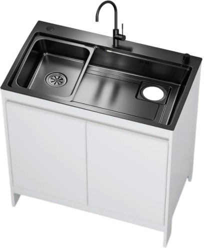 Mobile Lavatoio Moderno, Armadio Impermeabile in Alluminio a Nido d'Ape con Lavello Nero Nano Inox, Lavatoio da Esterno/Interno con Rubinetto a Collo di Cigno, Bianco/Grigio