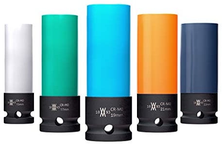 Kraft-Schoneinsätze 5tlg für Alu-Felgen 15mm 17mm 19mm 21mm 22mm für Schlagschrauber I Kraft-Steckschlüssel-Satz I Schonnüsse I Impact Socket I 0,5 Zoll I im Werkzeugkoffer von WIESEMANN 1893 I 80287
