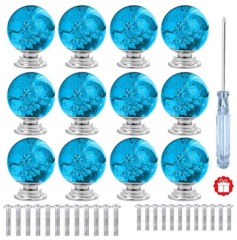 ANJUU 12 Pcs 30mm Round Shape Bubble Crystal Glass Cabinet Knobs with Screws Drawer Knob Pull Handle Used for Kitchen, Dresser, Door, Cupboard(Azure)