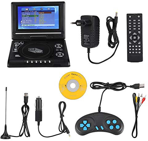 7,8-Zoll-tragbarer DVD-Player-Drehbildschirm mit TV-Funktion + Autoladegerät + Gamepad, integriertem Akku, Unterstützung für FM-Radio, Unterstützung für SD-Karte und USB-Anschluss(EU)