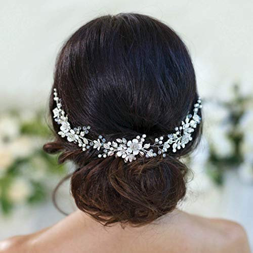 Handcess Blume Hochzeit Haarranben Silber Perlen Kristall Kopfschmuck Blätter Strass Braut Haarschmuck für Frauen und Mädchen