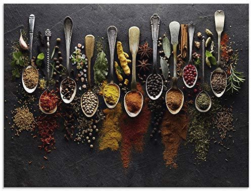 ARTland Wanddeko Glasbilder Wandbild Glas Bild einteilig 80x60 cm Querformat Küchenbilder Gewürze Schiefer Kräuter Chili Essen Bunt U1UJ