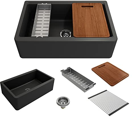 BOCCHI Arona Apron-Front 33 in. Single Bowl Granite Composite Kitchen Sink with Integrated Workstation and Accessories in Matte Black
