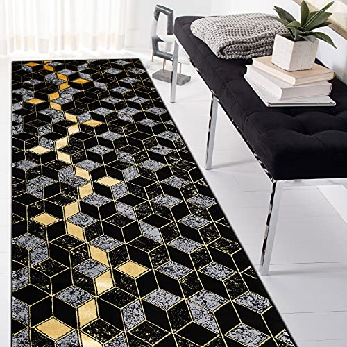 Modern GLOSS Teppich Läufer, stivoll, glamour, art deco, 3D geometric schwarz / gold 60x300 cm