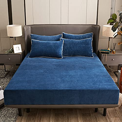 Damier Plüsch Spannbettlaken 90x200x30cm Blau Winter Bettlaken Flauschige Cashmere Touch Warme Spannbetttuch Geeignet für 30cm Matratze