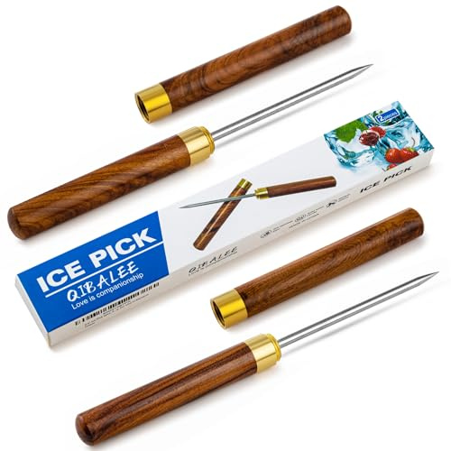 QiBaLee Eispickel zum Brechen von Eis, 22,9 cm lang, sichere Holzkappen und rutschfeste Holzgriffe, einfach zu verstauen, für den Einsatz in Küche, Bars, Barkeeper, Picknicks, Camping und Restaurant,