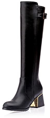 Sintetico Moda Punta Rotonda Tacco Blocco Cerniera Tacco Medio con 6 cm Confortevoli Stivali Al Ginocchio per le Donne Grande Formato ta182, Nero , 42.5 EU