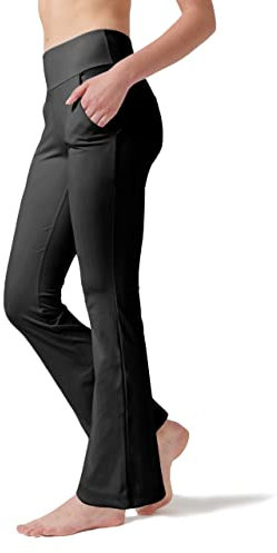 LaiEr Damen Yogahose, Fitness Hosen, Home Casual Hosen mit 4 Taschen, Hohe Taille Arbeitshose, 4-Wege elastische Enge Bauchhose Lange Schlaghose(S)