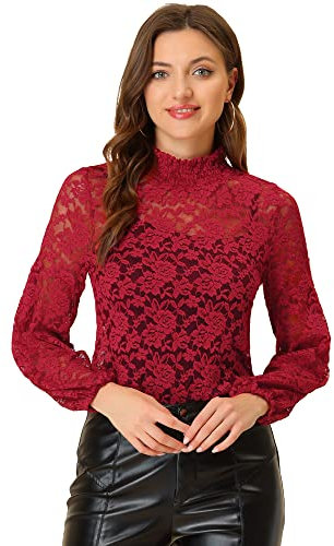 Allegra K Women's St. Patrick's Day Lace Long Sleeve Tops Ruffle Neck Elegant Floral Blouses Burgundy M-12