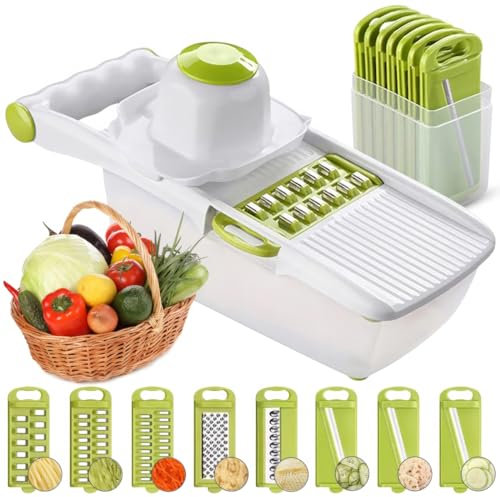 ADOV All in 1 Mandoline Slicer, Fruit and Vegetable Slicer, Multi Function Veg Cutter, Interchangeable Stainless Steel with Food Container, Hand Protector, Julienne Slice for Potato Onion (Lime)