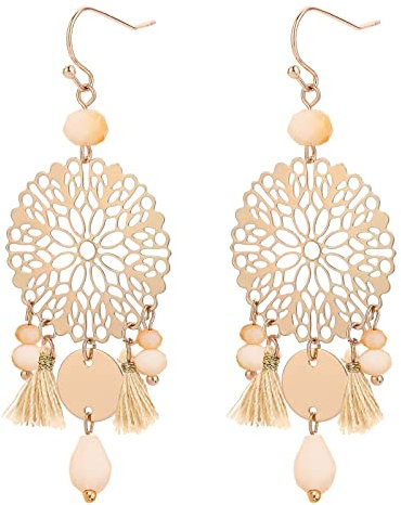 TianWlio Hohle kreative Ohrringe Runde Kristallmode-Troddel-Ohrringe Goldene Ohrringe Böhmische Ohrringe Set Damen Boho Creolen Ohrringe (Beige, One Size)