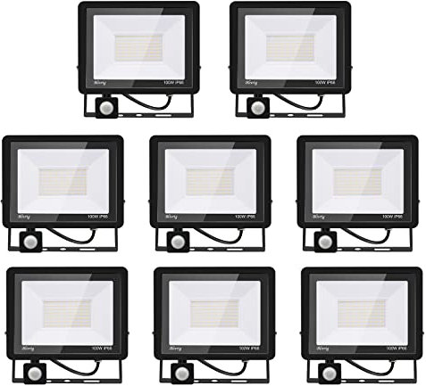 8PACK - Projecteur LED 100W Avec Détecteur de Mouvement, Blanc Froid (6000K) 10000LM, Extérieur IP66 Imperméable, Pour Sécurité, Garage, Couloir