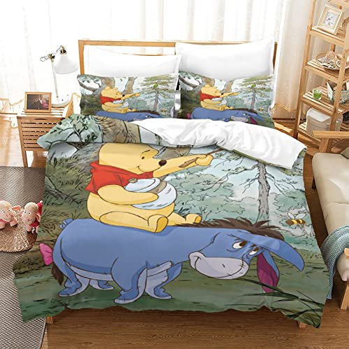 UNDERZY Winnie die Bettbezug 3 Stück Bettwäsche Pu der Bär Bettwäsche Bettbezug Set Microfaser Deckenbezug Mit Reißverschluss Und Kissenbezug Pflegeleicht Double(200x200cm)