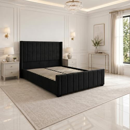 SANA SLEEP 5FT Ottoman Panel Wing Plush Velvet Upholstered Bed Frame With Storage Option - Plush Black