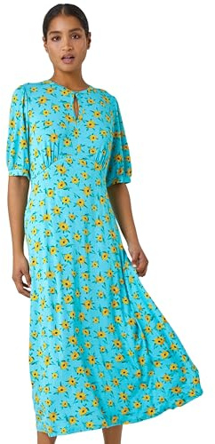 Roman Originals Sunflower Print Keyhole Stretch Midi Dress for Women UK - Ladies Everyday Holiday Spring Summer Notch Neckline Comfy Soft Evening Vacation Work Party - Blue - Size 10