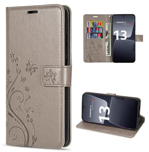 betterfon Hülle Kompatibel mit Xiaomi 13 | Premium PU Leder Handyhülle Wallet Case für 13 | Schutzhülle Blumen Klapphülle Handyhülle | Grau