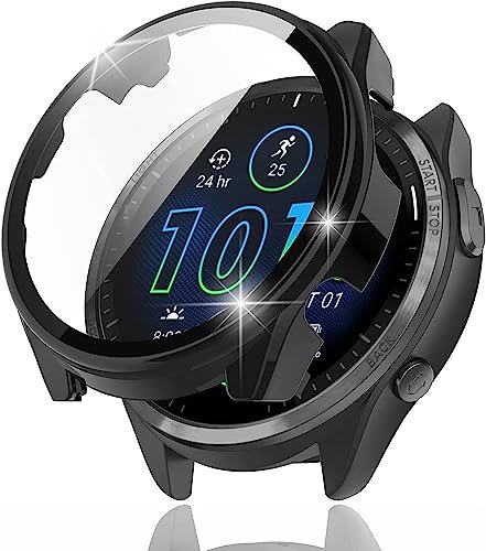 Miimall Compatibile con Garmin Forerunner 965 Custodia protettiva con pellicola protettiva in vetro duro PC Protezione completa antigraffio per Garmin Forerunner 965 - Nero