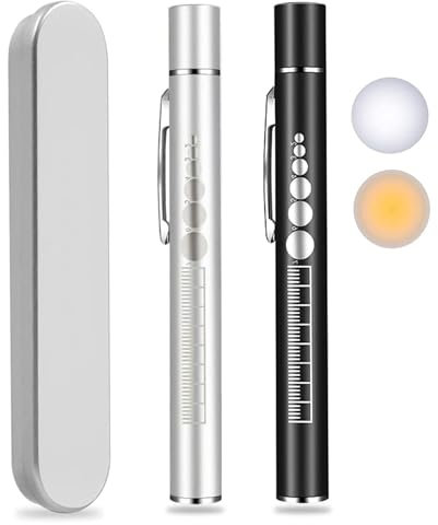 KEWAYO Torcia a Penna LED Ricaricabile USB, Mini Torcia Tascabile, con Calibro per la Pupilla, Clip in Acciaio Inossidabile, Doppia Fonte di Luce - Nero e Argento