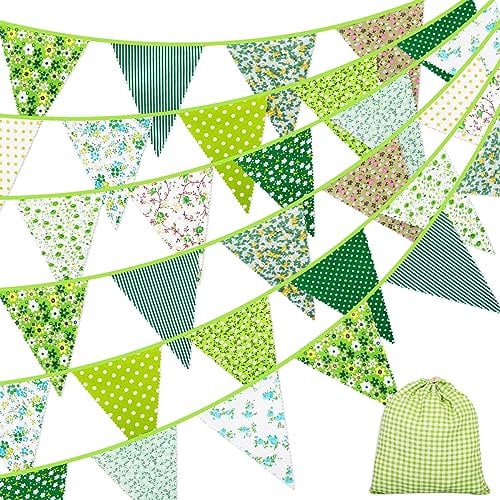 Lollanda 40 Feet Fabric Bunting Banner, 42pcs Outdoor Bunting Banner, Floral Vintage Triangle Flag for Home Garden Birthday Party Wedding Party Decoration (Green)